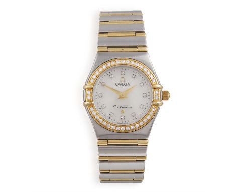 A LADY'S GOLD, STEEL AND DIAMOND-SET "CONSTELLATION" QUARTZ WRISTWATCH, BY OMEGA, of quartz movement, the circular signed mot