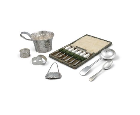 A MISCELLANEOUS COLLECTION OF SILVER ITEMS, comprising:- a tapered hammered cup with handle, Chester c.1907, mark of George N