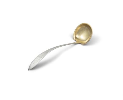 AN AMERICAN STERLING SILVER SOUP LADLE 19TH CENTURY TAPER HANDLE ENGRAVED WITH INITALS, gilded bowl. 34cm long, (c.8.67 troy 