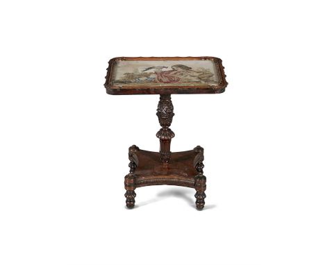 A 19TH CENTURY MAHOGANY LOW OCCASSIONAL TABLE, the shaped rectangular top inset with tapestry panel top, enclosed with carved