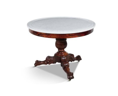 A FRENCH LOUIS PHILLIPE MAHOGANY AND MARBLE TOPPED CENTRE TABLE, of circular form, with plain white top, on a fluted baluster