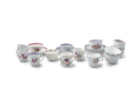 A COLLECTION OF SWANSEA AND NEW HALL FLORAL PAINTED PORCELAINS, late 18th/early 19th century, comprising tea bowls saucer dis