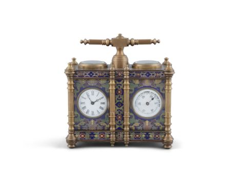 A FRENCH BRASS AND CLOSIONNE ENAMEL COMBINATION CLOCK AND BAROMETER, 19th century, with twin white enamel dials, one inked wi