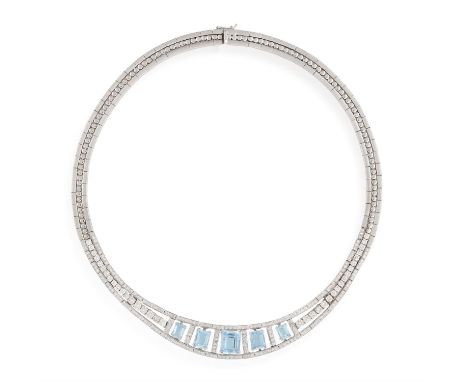 A TOPAZ AND DIAMOND NECKLACEThe frontispiece set with five graduated rectangular-cut blue topaz, within an openwork surround 