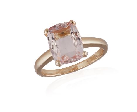 A MORGANITE SINGLE-STONE RING, the cushion-shaped mixed-cut morganite within a four-claw setting, mounted in 18K rose gold, r