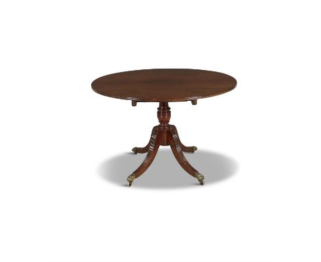 A 19TH CENTURY MAHOGANY TILT-TOP BREAKFAST TABLE, of circular form with reeded rim, raised on turned baluster centre pillar, 