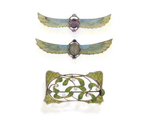 THREE ART NOUVEAU BROOCHES, one brooch (possibly a former central plaque for choker), of openwork foliate design, decorated w