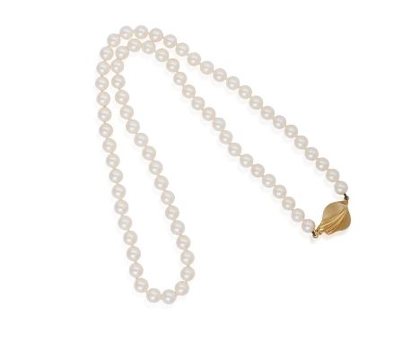 A CULTURED PEARL NECKLACE BY MIKIMOTO, composed of a single row of round shaped cultured pearls of white tint measuring appro