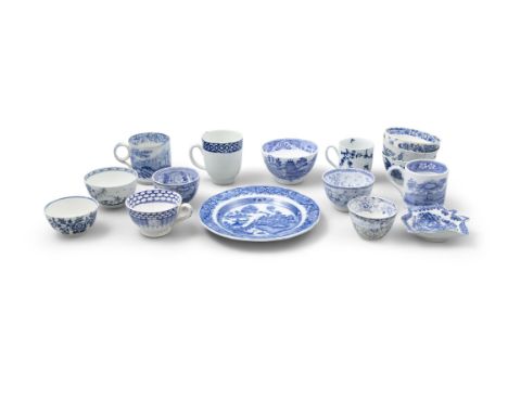 A GOOD COLLECTION OF ENGLISH BLUE AND WHITE WARE, including a Chinoiserie pickle dish, a Liverpool-Delft jug, some Worcester/