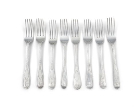 A MATCHED SET OF EIGHT VICTORIAN SILVER BRIGHTCUT TAPER HANDLE TABLE FORKS; comprising:- Dublin, c.1838/1842 mark of James Le