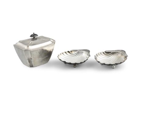 A PAIR OF VICTORIAN SILVER BUTTER SHELLS, Sheffield c.1894, mark of Atkin Brothers; together with a Victorian silver tea cadd