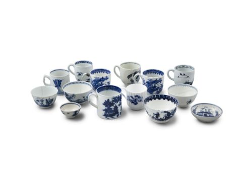 AN 18TH CENTURY BLUE AND WHITE PLANTAIN AND PRUNES COFFEE CAN, possibly Bow c. 1752-54, a pair of Liverpool "Common Ball" pat