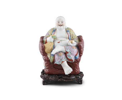 A LARGE CHINESE PORCELAIN FIGURE, 20th century, of a seated 'Hotei', famille rose palette, wearing a gold bead necklace holdi