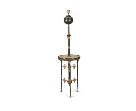 A FRENCH BRASS MOUNTED STANDARD LAMP, the column in the form of a classical pillar, with an onyx mid-tier, supported on three