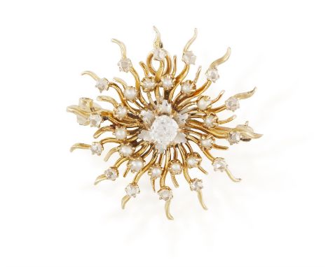 A DIAMOND AND SEED PENDANT/BROOCH, designed as a sunburst set with an old cushion-shaped diamond at the centre, within a surr