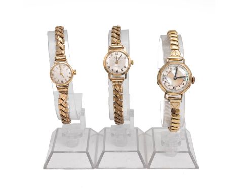 9ct gold ladies wristwatches. 'Eve', 24mm 9ct case, manual wind, mother of pearl dial, Arabic indices, gold plated expanding 
