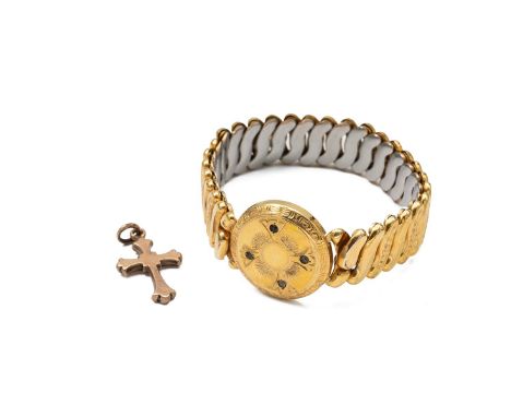 9ct gold (tested) expanding bracelet with half chrome links with central engraved disc set with four faux diamonds total weig