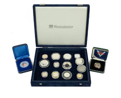 Silver proof coins, twenty-seven commemorative coins with certificates, various subjects, Concord, Battle of Britain, Rugby W