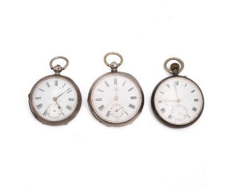 Three antique silver pocket watches. Roman numeral dials with subsidiary seconds dials, one maker marked J.W. Benson. Combine