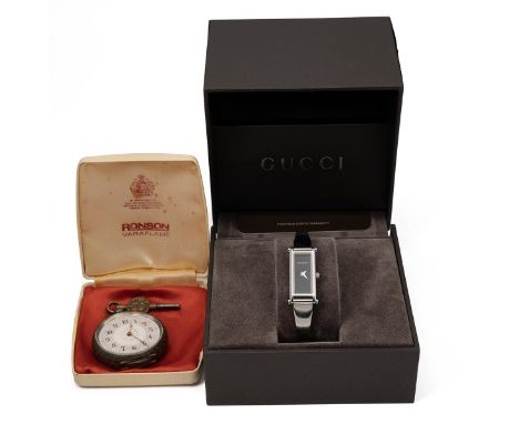 Gucci 1500L ladies bangle watch with original box, and a ladies continental silver pocket watch, stamped 935.