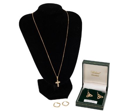 18ct gold necklace with diamond set cross, weight 5 grams; a pair of 18ct gold square hoop earrings, weight 1.9 grams; and a 