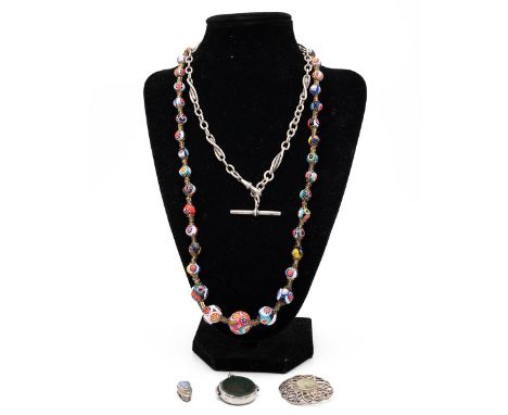Silver Albert watch chain including a silver and agate brooch, silver Opalite pendant, silver fob with a bloodstone, and a Mu