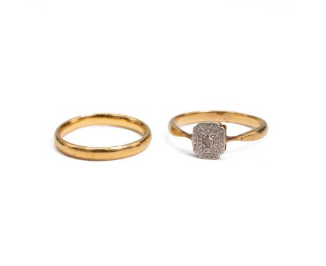 18ct gold, platinum and diamond ring, set with a single brilliant diamond, 2.4 grams, size M, along with 22ct gold wedding ba