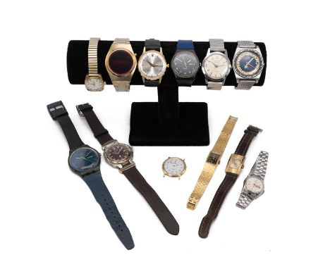 Group of wristwatches. Includes: Timex, Swatch, Kudu, Nidor, Avia, Cronel, Rotary, Lambda, Rotary, Cyma, Tissot, Citizen. (12