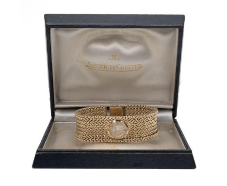 9ct gold Jaeger-LeCoultre ladies wristwatch, the dial with 12 &amp; 6 numerals and batons with mesh bracelet strap, weight 52