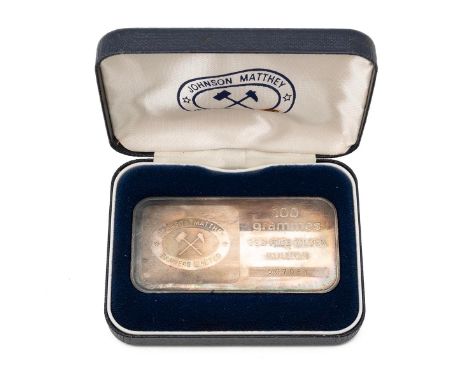 100 grammes 999 fine silver bullion by Johnson Matthey Bankers Limited, original fitted case. Serial number 507081.