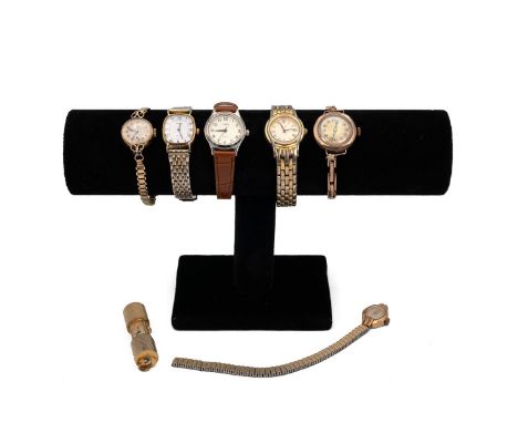 Collection of ladies wristwatches to include: 9ct rose gold hallmarked ladies watch with 9ct strap, gross weight 16.2 grams; 