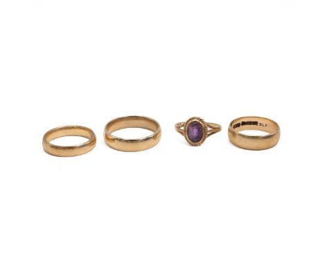 Three 9ct gold plain wedding bands, size M, Q, and K, weight 10.7g; together with a 9ct gem-set ring. Gross weight 12 grams.