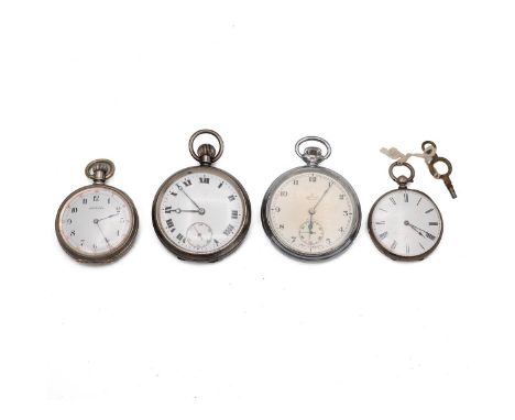 Four assorted pocket watches including silver, two named Smiths Deluxe and A.W.Co Waltham, various sizes.