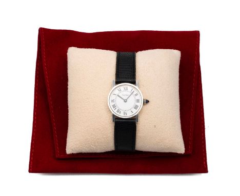 Cartier ladies silver watch, c1980s. Manual wind, 24mm sterling silver case, sapphire to crown, white dial with Roman numeral