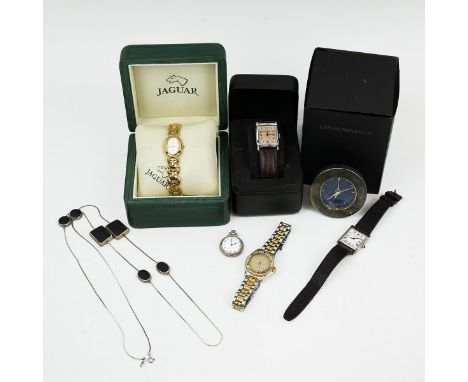 Emporio Armani ladies watch, along with a Raymond Weil watch, Seiko Sports 150, Jaguar Coquette, a small pocket watch and oth