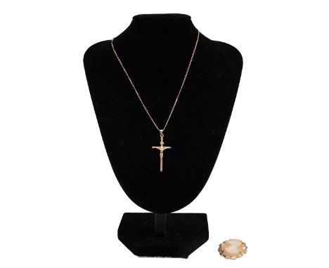 14ct gold hallmarked necklace and crucifix, weight 1.85 grams and a 9ct gold framed cameo brooch depicting a lady facing left