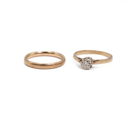 9ct gold hallmarked solitaire diamond ring, approx 0.10ct, size Q, weight 1.9 grams and a 9ct gold wedding band size O, weigh