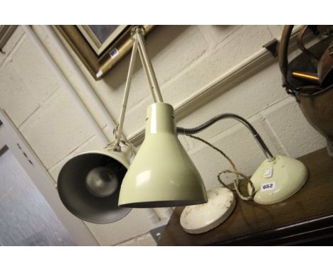 Herbert Terry Angle Poise Lamp and another Lamp plus a group of Brass Fire Irons