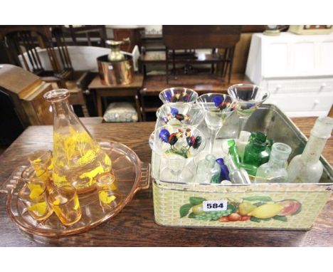Pink Glass Hunting Scene Decanter and Six Shot Glasses on Tray, Glasses with Cockerel Design plus Various Small Glass Bottles