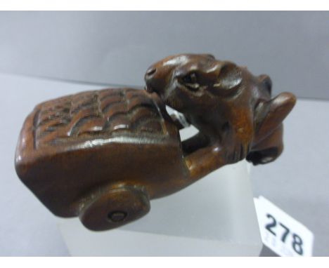 Signed Wood Netsuke of a Mouse pushing Wheelbarrow