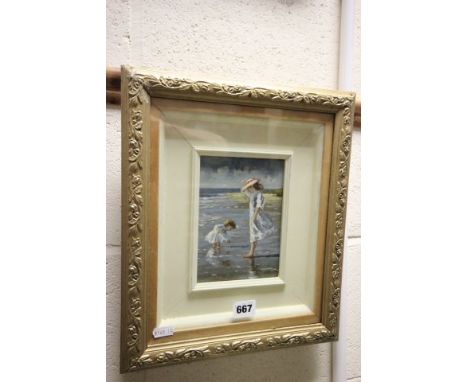 Oil on Panel Impressionist Beach Scene of Mother and Child paddling