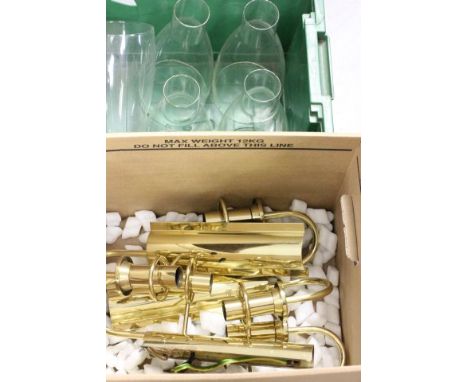 Five Gilt Brass Contemporary Wall Light Fittings with Clear Glass Shades 