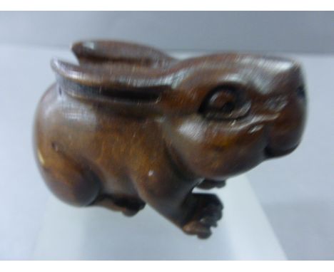 Signed Wood Netsuke of a Rabbit