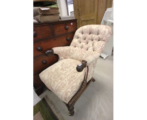 19th century  Walnut Framed Button Back Reclining Armchair raised in turned legs with brass castors