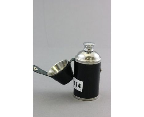 White Metal and Leatherette Hip Flask and Two Stirrup Cup Set