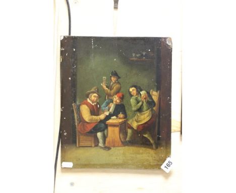 19th century Continental Oil on Panel of Tavern Scene with Figures playing cards