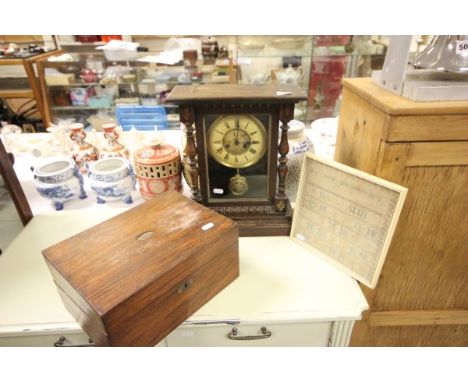 Early 20th century Oak Cased Mantle Clock, 19th century Mahogany Writing Slope and an Alphabetical Sampler dated Nov 74