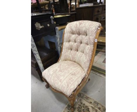 Victorian Walnut Framed Button Back Nursing Chair with floral and bird upholstery