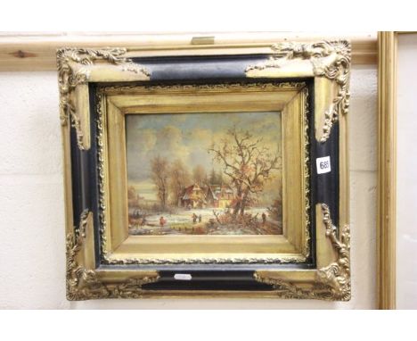 Contemporary Gilt Framed Oil on Panel of Cottage in wood with figures