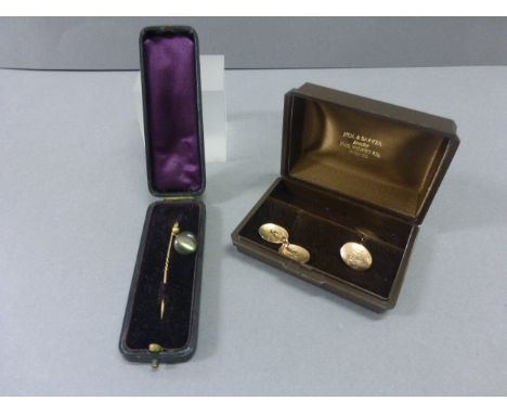 Pair of 9ct Gold Gents Cufflinks and a Yellow Metal Stick Pin with Black Pearl